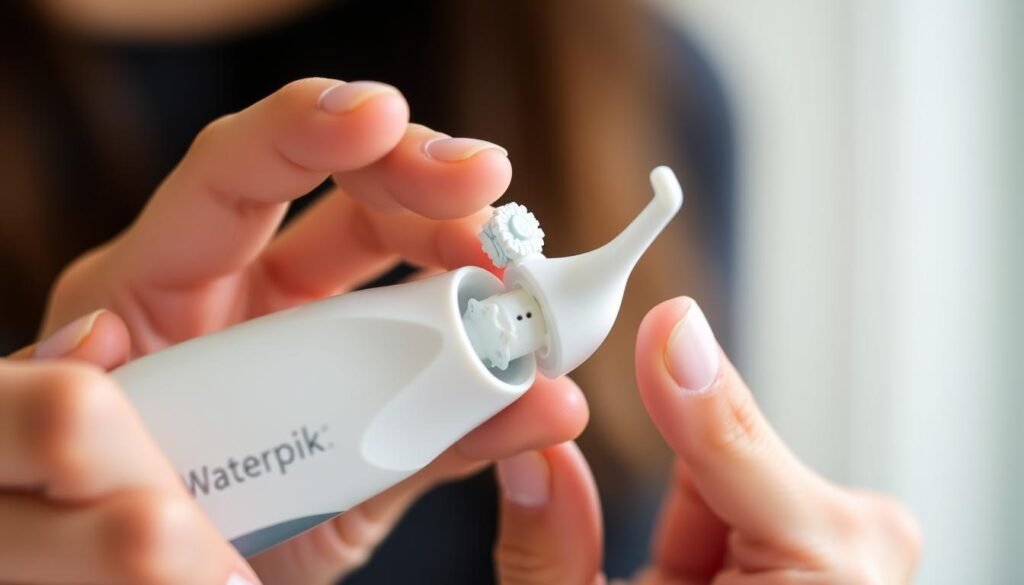 A close-up view of a person's hands holding a Waterpik water flosser, with the tip of the device disassembled, revealing the internal components. The hands are carefully removing a scale buildup from the nozzle, showcasing the maintenance process. The image is well-lit, with soft, diffused lighting illuminating the scene. The background is blurred, keeping the focus on the Waterpik and the descaling action. The overall mood is one of attentiveness and care, emphasizing the importance of proper Waterpik maintenance for optimal oral health.