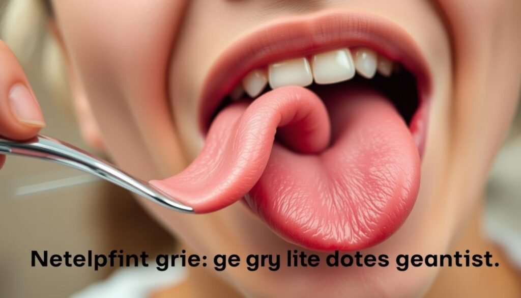 A close-up view of a person's mouth with their tongue extended, demonstrating the proper technique for cleaning it. The tongue is shown in high detail, with the texture and surface features clearly visible. The lighting is soft and diffused, creating a warm, clinical atmosphere. The background is blurred, keeping the focus on the central action. The camera angle is angled slightly downward, providing a clear view of the tongue-cleaning process. The image conveys a sense of instruction and guidance, highlighting the importance of this often overlooked aspect of oral hygiene.