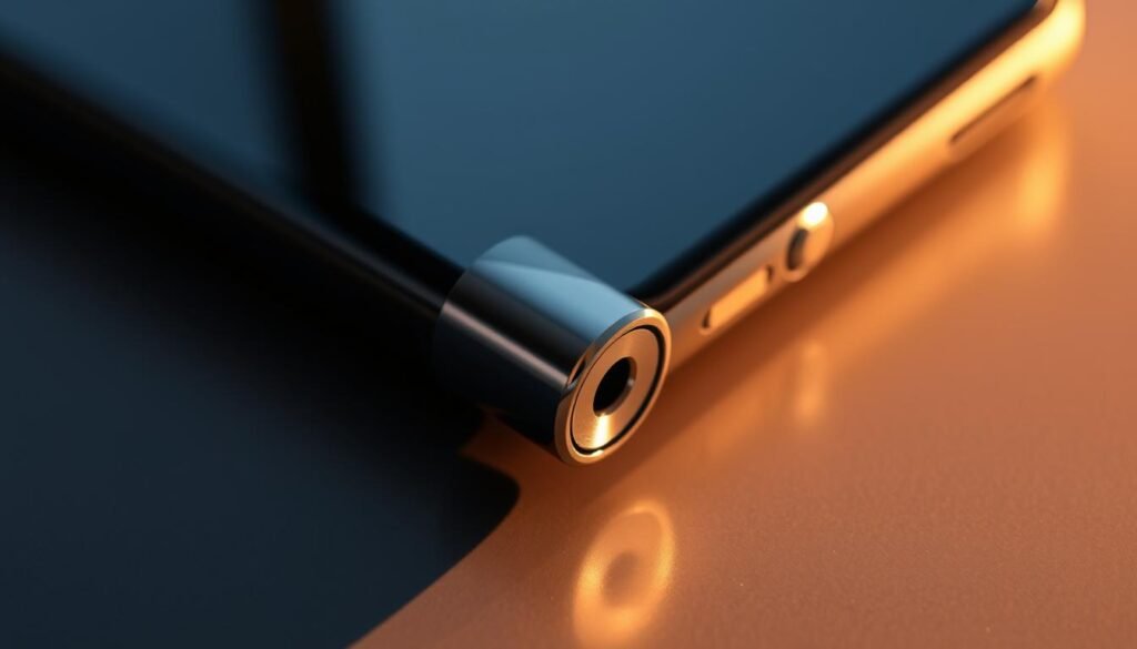 A close-up view of a shiny, chrome-plated USB-C charging port on the side of a sleek, modern smartphone. The port is backlit with a soft, warm glow, casting a subtle radiance across the device's smooth, matte black surface. The lighting accentuates the intricate grooves and contours of the port, highlighting its precision engineering. The image is captured at a slight angle, creating a sense of depth and emphasizing the port's functionality. The overall mood is one of technical sophistication and attention to detail.