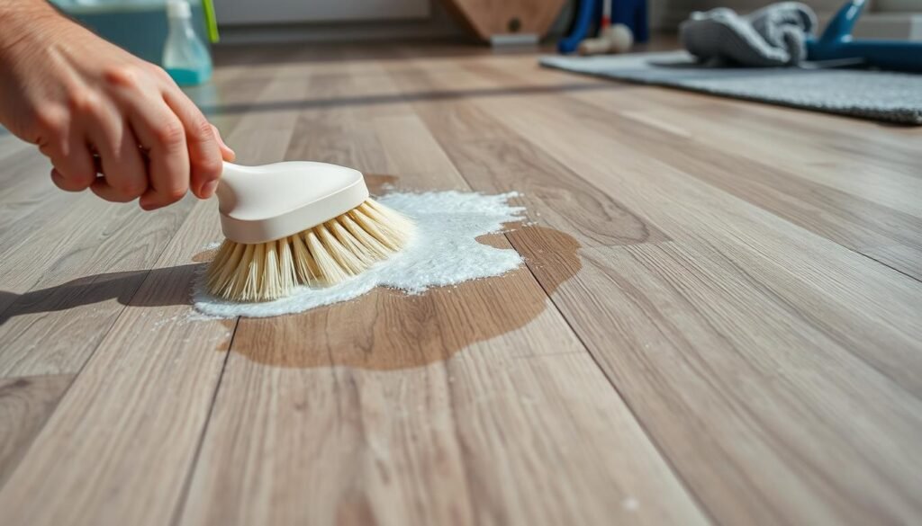 A close-up view of a vinyl plank floor being deeply cleaned. The foreground shows a hand scrubbing the surface with a stiff-bristle brush, applying a generous amount of a powerful cleaning solution. The middle ground reveals the contrast between the freshly cleaned area and the surrounding, dull and discolored planks. In the background, additional cleaning tools and supplies are visible, such as a bucket of water and a microfiber mop, suggesting a thorough, multi-step cleaning process. The lighting is bright and focused, casting sharp shadows that accentuate the textural details of the floor. The overall mood conveys a sense of diligent effort to restore the vinyl plank's original luster and pristine appearance.