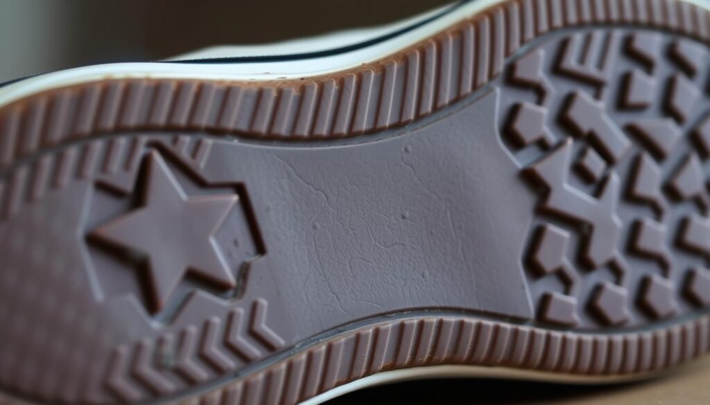 A close-up view of a worn, textured rubber sole of a Converse sneaker, capturing the intricate patterns and grooves that provide traction. The surface has a matte, slightly worn appearance, with subtle variations in shading and hue that give it a natural, lived-in look. The image is shot from a low angle, emphasizing the rugged, durable nature of the rubber material. Soft, directional lighting highlights the contours and textures, creating a sense of depth and dimensionality. The background is blurred, placing the sole as the clear focal point and drawing the viewer's attention to the importance of proper sole care for maintaining the longevity of the Converse shoe.