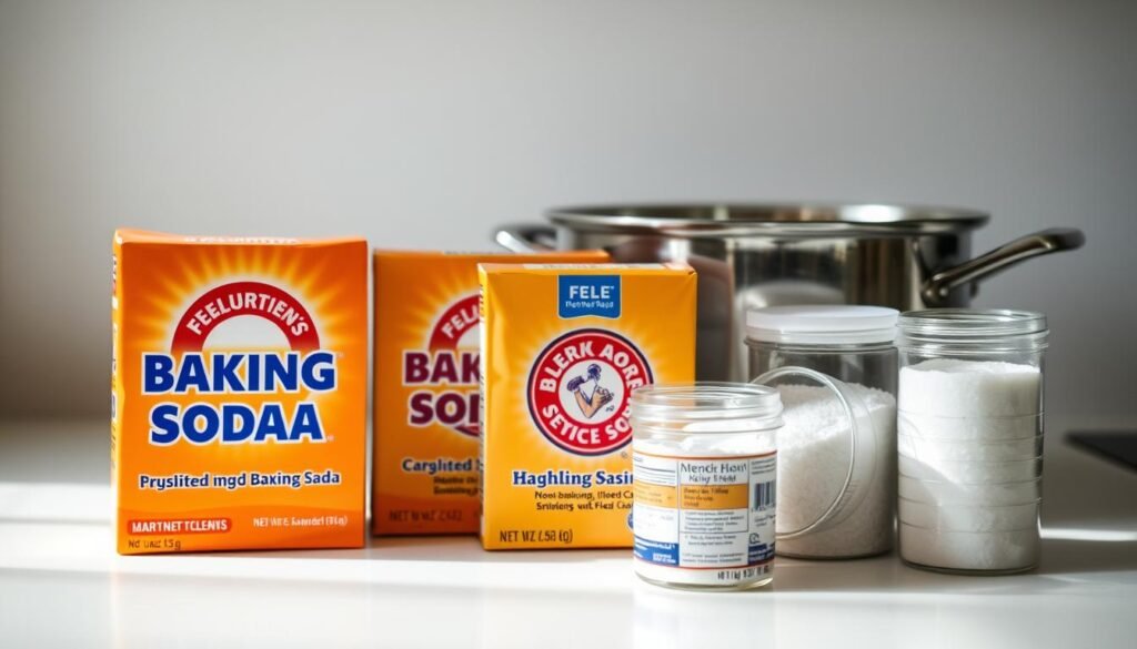A close-up view of an array of baking soda boxes and containers, neatly arranged on a clean, bright kitchen counter. The baking soda items are illuminated by soft, even lighting, casting subtle shadows and highlighting their textures. In the background, a stainless steel pot or pan sits, its surface burnished and slightly tarnished, hinting at the need for cleaning. The overall scene conveys a sense of order, organization, and the promise of an effective cleaning solution, aligning with the article's focus on restoring a burnt pan.