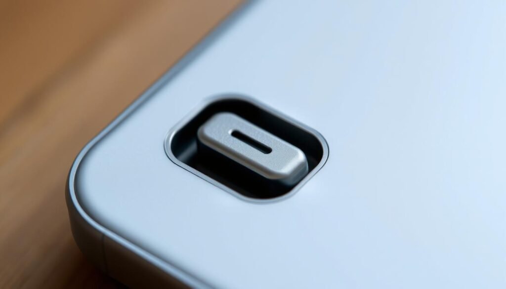 A close-up view of an iPhone's Lightning port, illuminated by soft, diffused natural light. The port is centered in the frame, with a slight diagonal angle to showcase its intricate design and recessed shape. The metallic surfaces reflect the light subtly, creating a sense of depth and dimension. The surrounding area is slightly blurred, drawing the viewer's attention to the port's intricate details. The overall mood is one of clean, minimalist elegance, befitting the sleek and modern aesthetic of Apple's devices.