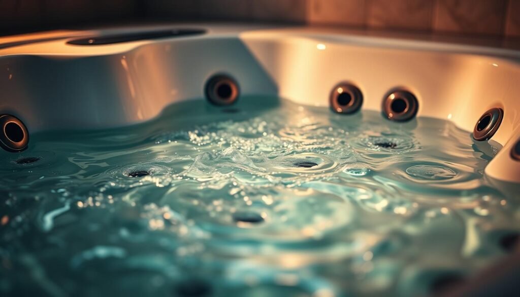 A close-up view of the intricate network of jets and nozzles within a Jacuzzi bathtub, captured in crisp, high-resolution detail. The tub jets are prominently displayed, their sleek and modern design accentuated by dramatic side-lighting that casts sharp shadows, emphasizing their depth and texture. The scene is bathed in a warm, inviting glow, with the water surface gently reflecting the jets, creating a sense of depth and immersion. The overall mood is one of technical precision and attention to detail, inviting the viewer to explore the inner workings of this essential Jacuzzi feature.