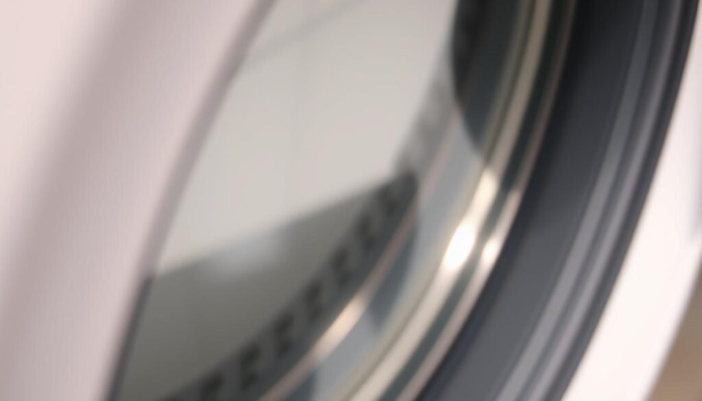 A close-up view of the rubber gasket lining the door frame of a front-loading washing machine. The gasket is made of pliable, dark gray rubber with a textured, slightly wavy surface. The lighting is soft and diffused, highlighting the subtle details and contours of the material. The image is captured at a slight angle, providing a dynamic perspective that showcases the gasket's function in sealing the door and maintaining the machine's water-tight integrity. The overall mood is one of attention to detail and the importance of proper maintenance for optimal washing machine performance.