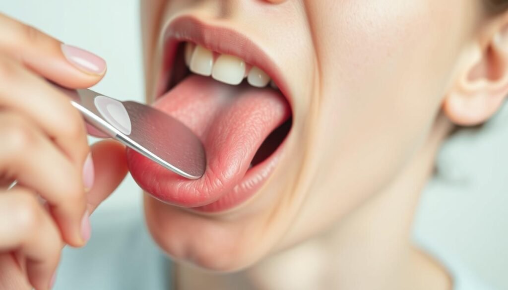A closeup view of a person's tongue being cleaned with a specialized tongue scraper, set against a clean, minimalist background. The scraper is gently gliding across the surface of the tongue, revealing a fresh, pink hue. Bright, diffused lighting illuminates the scene, highlighting the subtle textures and details of the tongue. The composition emphasizes the importance and technique of regular tongue cleaning, conveying a sense of oral hygiene and personal care.