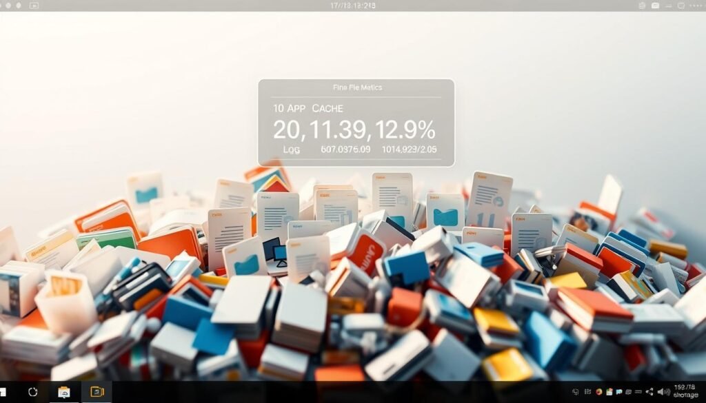 A cluttered desktop display with various file icons, folders, and windows representing different types of system data, such as app cache, logs, and backups. The foreground should have a haphazard, disorganized arrangement, conveying a sense of the iPhone's storage becoming overwhelmed. The middle ground should include a transparent 3D visualization of data metrics, showing file sizes and usage percentages. The background should have a muted, slightly out-of-focus blur, emphasizing the central clutter. The overall lighting should be bright and slightly cool-toned, creating a clinical, technical atmosphere. The camera angle should be from a slightly elevated perspective, giving an overview of the chaotic desktop scene.
