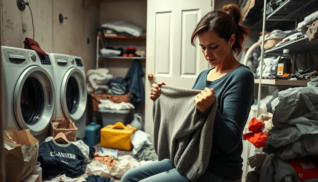 A cluttered laundry room with mismatched detergents, stained garments, and crumpled dry cleaning bags scattered across the floor. A distressed-looking woman examines a shrunken sweater, her brow furrowed in frustration. Harsh overhead lighting casts long shadows, creating a sense of overwhelm. In the background, a label-less bottle of mysterious cleaning solution sits precariously on a shelf, hinting at amateur attempts at at-home dry cleaning. The scene conveys the common pitfalls of DIY dry cleaning - from using the wrong products to improper handling, all culminating in a less-than-satisfactory result.