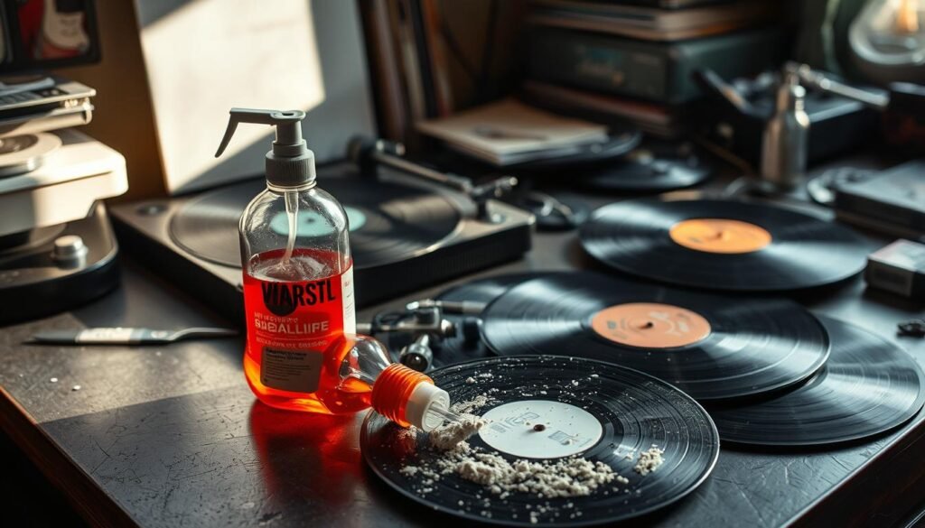 A cluttered workspace with a messy record player, carelessly placed vinyl discs, and a bottle of harsh cleaning solution spilled on the surface. The scene is bathed in harsh, unflattering lighting, casting long shadows and creating an atmosphere of disarray and carelessness. The vinyl records are warped, scuffed, and covered in dust, conveying the message of what not to do when attempting to clean and maintain vinyl.