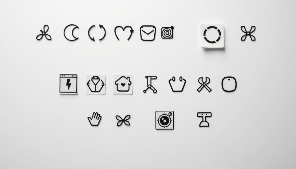 A collection of iconic care label symbols, meticulously arranged against a clean, minimalist background. The symbols, rendered in a monochrome palette, stand out crisply, showcasing their universal design language. The lighting is soft and directional, casting subtle shadows that add depth and dimensionality to the composition. The camera angle is slightly elevated, providing a comprehensive overview of the symbols while maintaining a sense of order and structure. The overall mood is one of simplicity and clarity, reflecting the utilitarian nature of these essential garment care instructions.
