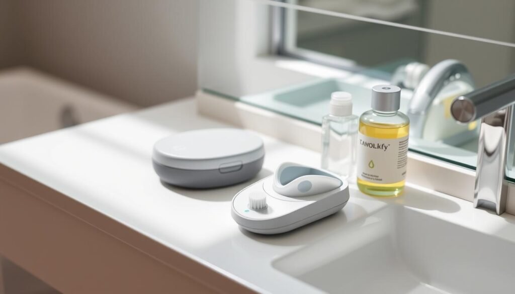 A compact, streamlined mouth guard cleaning kit rests on a sleek, minimalist bathroom counter. Soft white light filters in from the window, illuminating the kit's components - a small ultrasonic cleaning device, a specialized brush, and a bottle of gentle cleaning solution. The kit's design is modern and functional, with a muted color palette that evokes a sense of clinical cleanliness. The overall scene conveys a feeling of ease and efficiency, suggesting a straightforward, hassle-free process for maintaining the integrity of one's mouth guard while on the go.