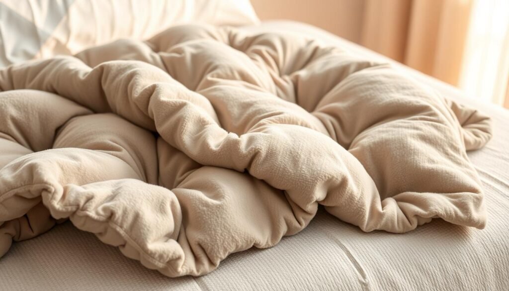 A cozy, air-dried weighted blanket resting on a soft, textured surface. The blanket's plush, neutral-toned fabric gently drapes, highlighting its even distribution of weighted fill. Warm, diffused lighting illuminates the scene, casting a comforting glow. The blanket's tufted design is clearly visible, showcasing its high-quality craftsmanship. The image conveys a sense of relaxation and care, reflecting the importance of proper drying and maintenance for a weighted blanket's longevity and comfort.