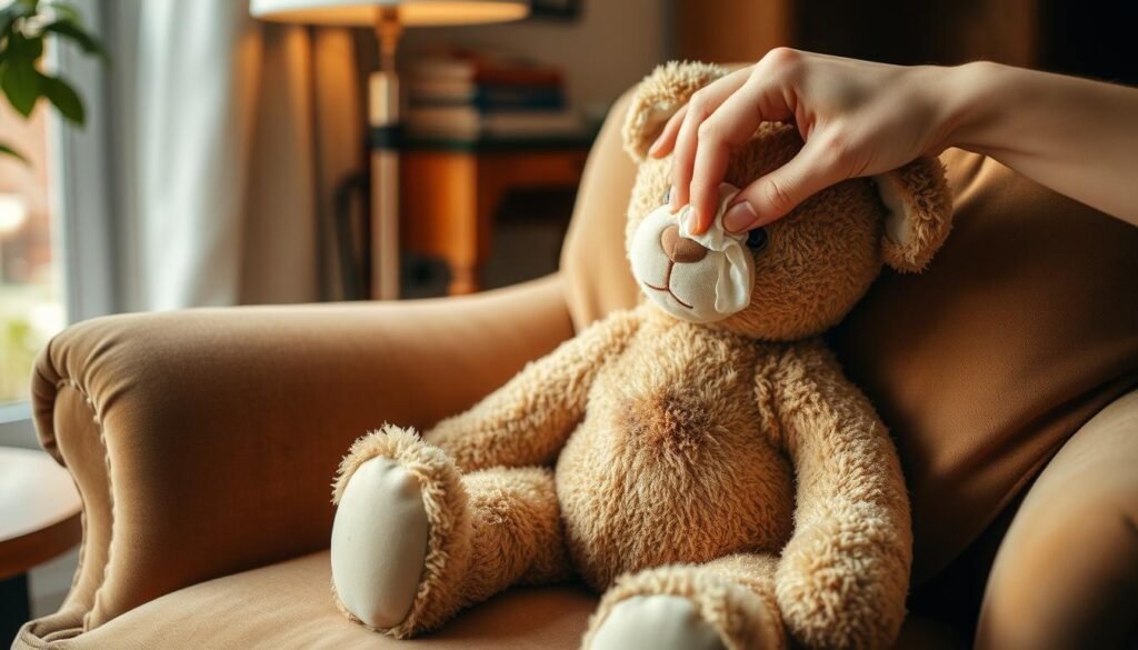 A cozy living room with warm lighting, a plush armchair, and a worn yet beloved stuffed animal sitting on the cushions. The stuffed animal has a small, localized stain on its fur, and a hand gently dabs it with a damp cloth, carefully spot cleaning the affected area. The scene conveys a sense of care and restoration, with the focus on the delicate process of reviving the cherished toy. The composition is balanced, with the stuffed animal occupying the center of the frame and the hand and cloth creating a sense of gentle, attentive movement. The overall atmosphere is one of domestic tranquility and the preservation of sentimental keepsakes.