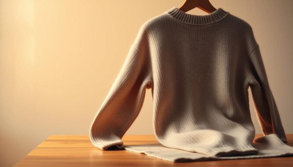A cozy, well-lit studio setting with a cashmere sweater neatly arranged on a wooden table. The sweater is shown in a three-quarter view, allowing the viewer to see the soft, delicate texture of the fabric. Warm, diffused lighting illuminates the scene, highlighting the sweater's natural fibers and creating a calming, inviting atmosphere. In the background, a neutral-colored wall provides a clean, minimalist backdrop, allowing the sweater to be the focal point. The composition is balanced, with attention to details like the sweater's shape, folds, and drape. The overall scene conveys the gentle, luxurious nature of properly drying a cashmere garment.
