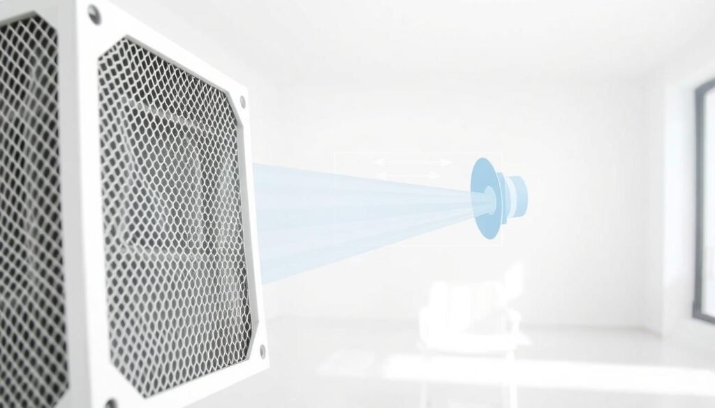 A crisp, evenly lit close-up view of an air conditioning filter system. The filter is positioned in the foreground, showcasing its intricate mesh design and highlighting the optimal airflow patterns as air efficiently moves through its channels. The middle ground features a simplified diagram of the internal ductwork, with strategically placed arrows illustrating the smooth, unobstructed flow of air. The background depicts a clean, minimalist interior space, conveying a sense of order and efficiency. The overall composition emphasizes the importance of a well-maintained filter for maintaining optimal airflow and superior indoor air quality. A crisp, evenly lit close-up view of an air conditioning filter system. The filter is positioned in the foreground, showcasing its intricate mesh design and highlighting the optimal airflow patterns as air efficiently moves through its channels. The middle ground features a simplified diagram of the internal ductwork, with strategically placed arrows illustrating the smooth, unobstructed flow of air. The background depicts a clean, minimalist interior space, conveying a sense of order and efficiency. The overall composition emphasizes the importance of a well-maintained filter for maintaining optimal airflow and superior indoor air quality.