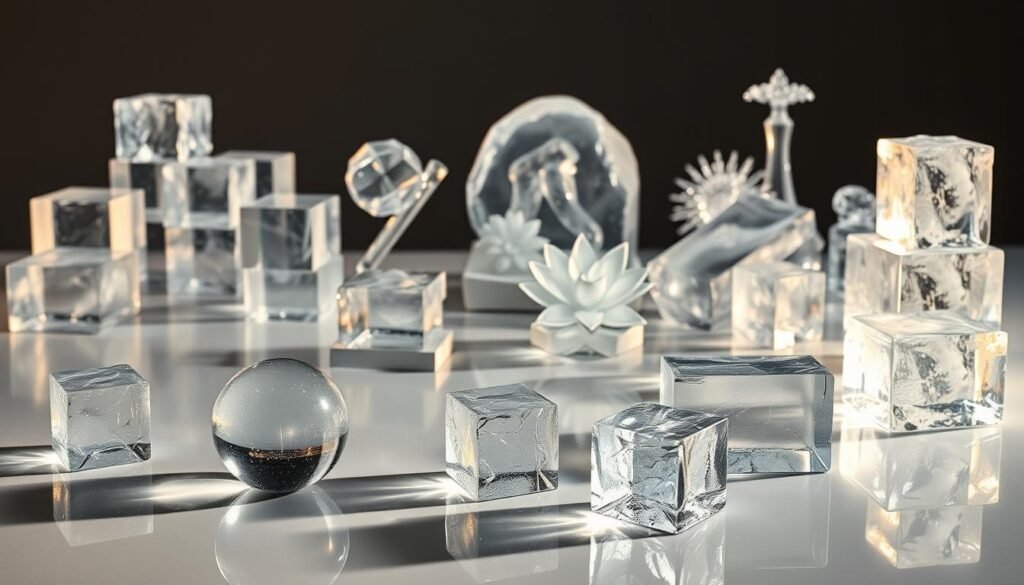 A crystalline display of clear ice cubes, meticulously crafted, arranged in a sleek, minimalist composition. The translucent cubes glisten under soft, warm lighting, casting intricate shadows that dance across a pristine, reflective surface. In the foreground, a selection of clear ice spheres, carved with precision, sit alongside sculptural ice blocks, each piece a work of art. The middle ground features a variety of creative ice formations, from delicate ice flowers to intricate ice sculptures, all showcasing the versatility and beauty of this natural material. The background is a muted, atmospheric setting, allowing the ice to take center stage and captivate the viewer's attention.