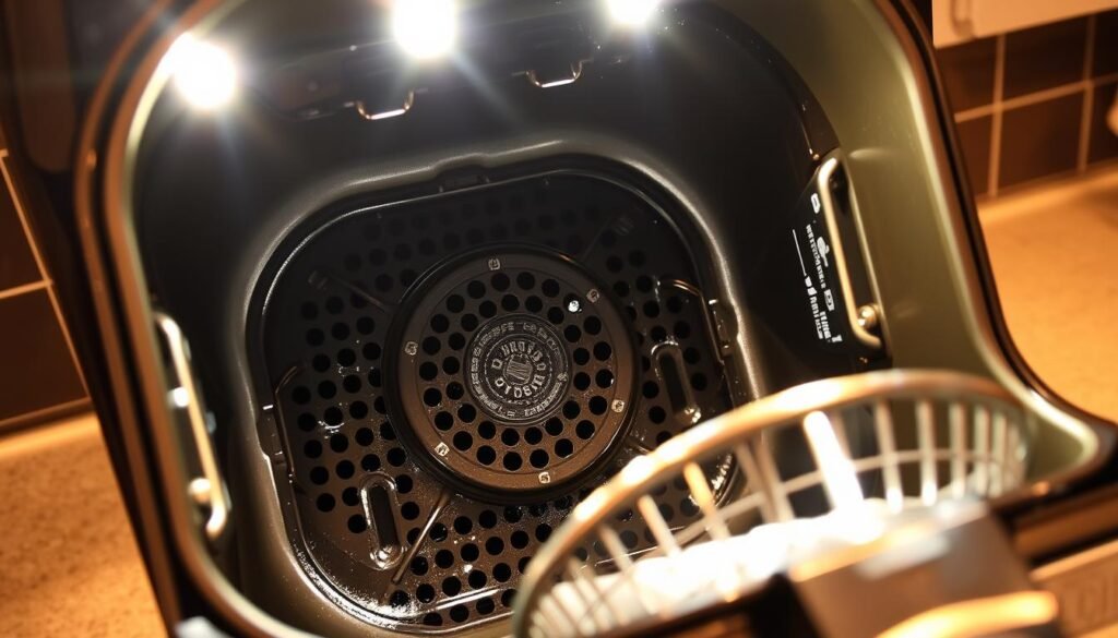 A deep clean of an air fryer, showcasing a crisp, well-lit interior. The heating element is clearly visible, surrounded by meticulously scrubbed surfaces free of grease and residue. Bright LED lights illuminate the task, casting a warm, focused glow. The air fryer's basket rests on the counter, gleaming with a newly polished finish. The scene conveys a sense of thorough, professional-level cleaning, ready to restore the appliance to pristine condition.