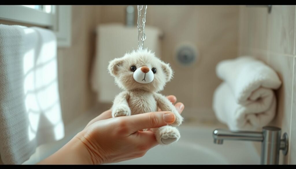 A delicate hand gently holds a small, fluffy stuffed animal under a stream of warm water, carefully washing its fabric fur. The image is set in a cozy, well-lit bathroom, with soft white towels and natural sunlight filtering in through a nearby window. The stuffed toy's expression is serene, its button eyes gazing up at the caretaker's focused, gentle movements. The overall mood is one of tenderness and care, conveying the importance of proper hand-washing techniques when reviving beloved plush companions.