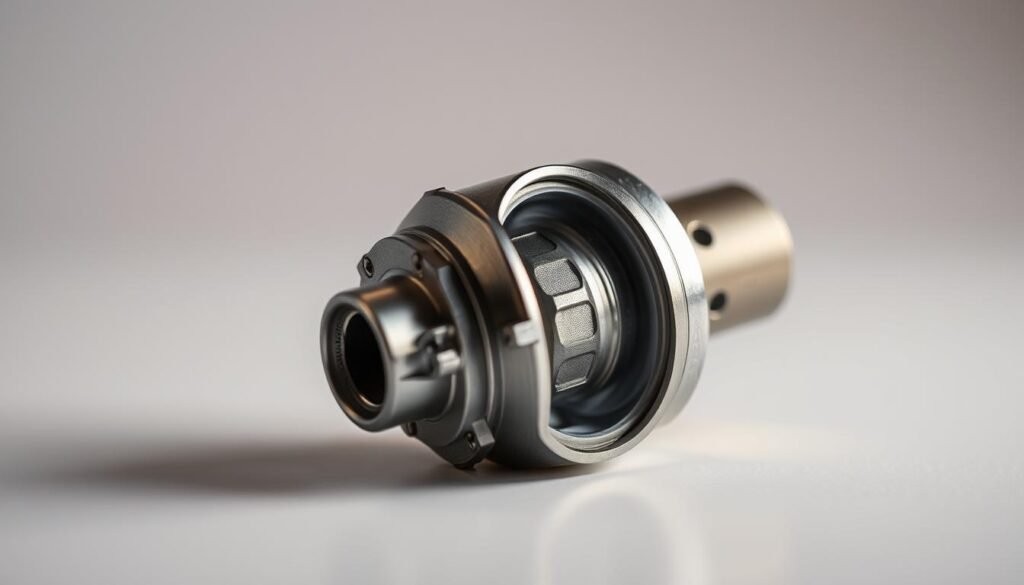 A detailed air flow sensor in a crisp, well-lit close-up. The sensor's metallic body glistens under warm studio lighting, revealing its intricate internal components. The sensor is positioned in the foreground, with a clean, minimalist background that allows the device to take center stage. The angle is slightly angled to showcase the sensor's complex geometry and various input/output ports. The overall mood is one of technical precision and functional elegance, inviting the viewer to closely examine this crucial engine component.