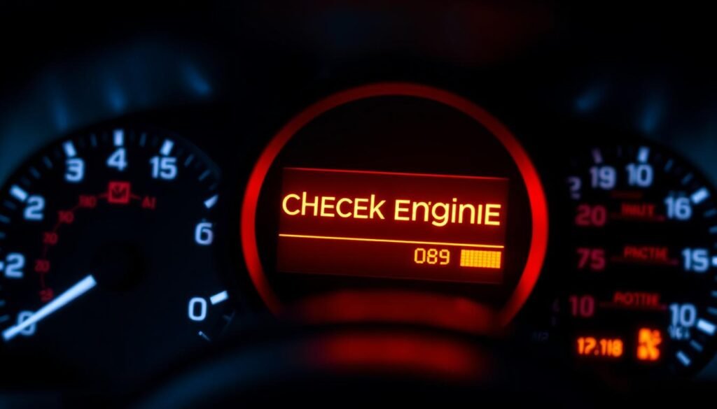 A detailed close-up of a car dashboard display, centered on a glowing "check engine" warning light. The dashboard is well-lit, with a modern, minimalist design. The lighting is bright and directional, creating distinct shadows and highlights that emphasize the technical details. The background is slightly blurred, keeping the focus on the dashboard display. The overall mood is one of precision and problem-solving, as if the viewer is about to take action to address the issue. A detailed close-up of a car dashboard display, centered on a glowing "check engine" warning light. The dashboard is well-lit, with a modern, minimalist design. The lighting is bright and directional, creating distinct shadows and highlights that emphasize the technical details. The background is slightly blurred, keeping the focus on the dashboard display. The overall mood is one of precision and problem-solving, as if the viewer is about to take action to address the issue.
