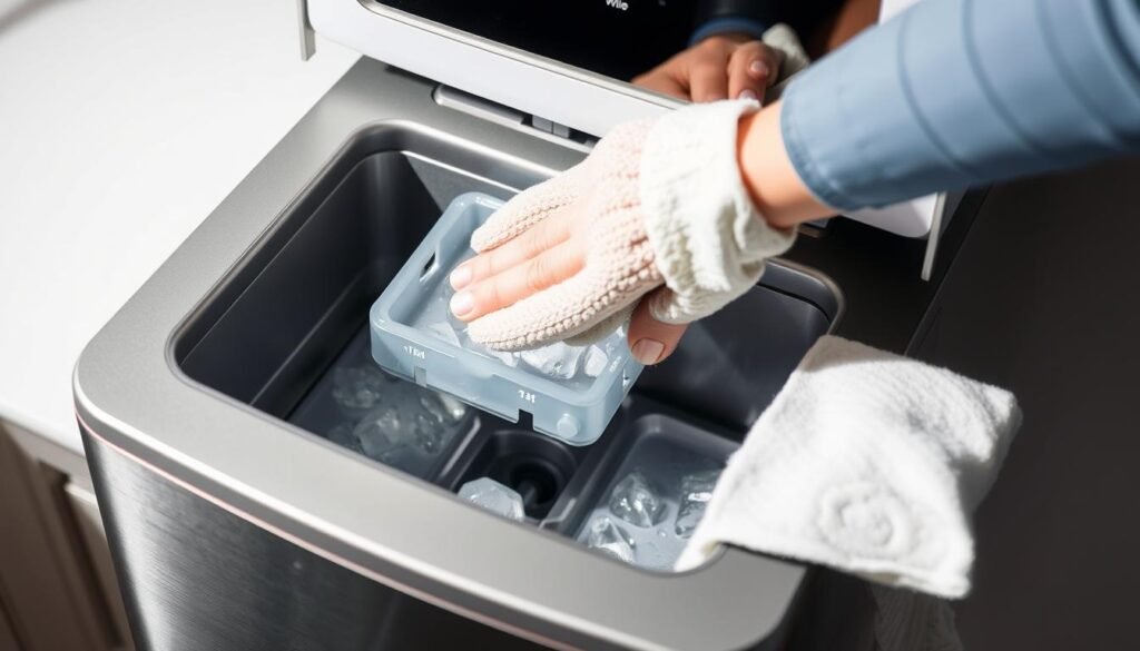 A detailed close-up photograph of a stainless steel Frigidaire ice maker, with its front panel opened to reveal the internal components. The ice maker is placed on a white countertop, illuminated by soft, directional lighting that casts subtle shadows and highlights the textures of the mechanical parts. The image captures the process of cleaning the ice maker, with a damp cloth being used to wipe down the removable tray, the water line, and the ice cube mold. The overall scene conveys a sense of care and attention to detail in maintaining the appliance, with a crisp, clean, and informative visual aesthetic.