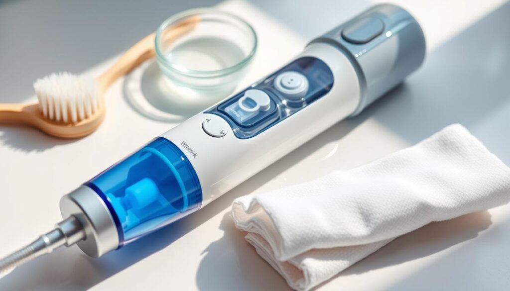A detailed close-up view of a Waterpik oral irrigator being thoroughly cleaned. The device is placed on a clean, white surface, with a soft-bristled toothbrush, a small bowl of warm water, and a clean, lint-free cloth nearby. Bright, natural lighting illuminates the scene, casting soft shadows and highlighting the intricate details of the Waterpik's components. The image conveys a sense of care and attention to maintaining the device, with a focus on the importance of regular cleaning for optimal performance and oral health.