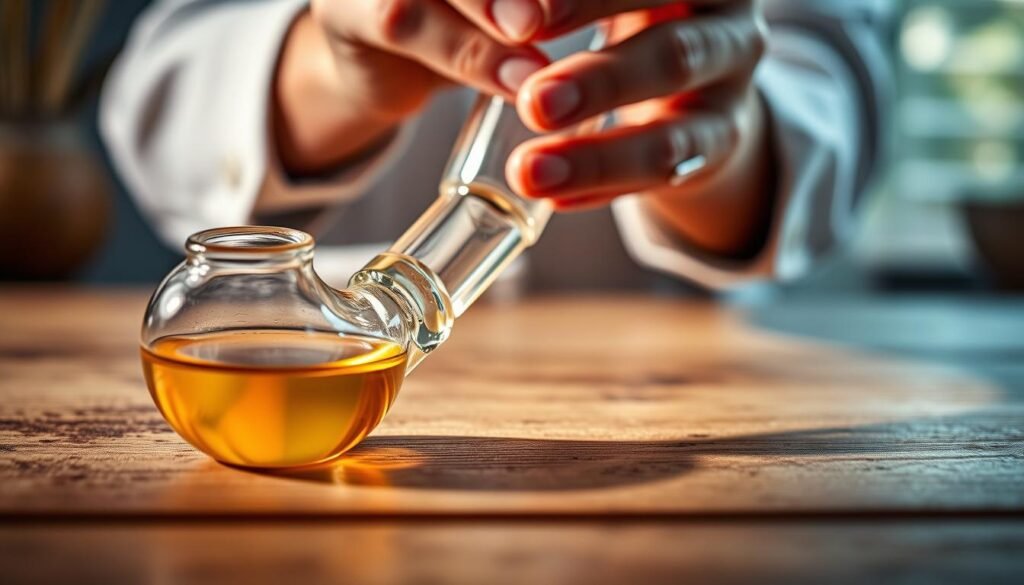 A detailed close-up view of a soak-and-shake pipe cleaning routine. In the foreground, a glass pipe rests on a clean, wooden surface, filled with a clear, golden-colored liquid. Ambient lighting casts subtle shadows, highlighting the intricate glass work. In the middle ground, hands carefully grasp the pipe, gently shaking it to agitate the solution. The background is softly blurred, drawing the viewer's focus to the central action. The scene conveys a sense of precision and methodical care, as if performing a delicate scientific experiment. The mood is one of focus and attention to detail, reflecting the importance of this step in thoroughly cleaning a pipe.