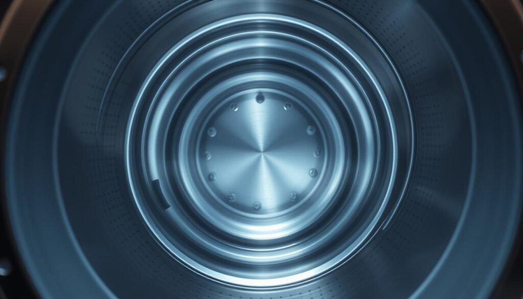 A detailed cross-section view of the interior of a washing machine drum, illuminated by soft, even lighting. The drum is made of stainless steel, with a smooth, seamless surface. The inner perimeter is rimmed with a flexible rubber gasket, designed to seal the door and prevent leaks. Dispersed throughout the drum are small holes, allowing water and detergent to flow in and out during the wash cycle. The overall scene conveys a sense of precision engineering and technical functionality.