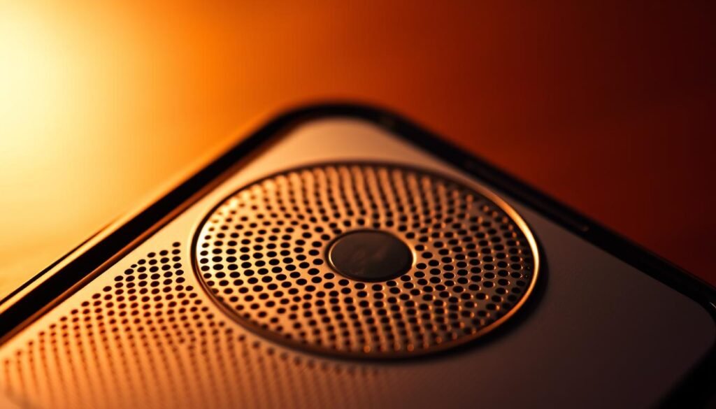 A detailed, high-resolution close-up view of a smartphone speaker grille, illuminated by a warm, soft lighting that accentuates the intricate perforations and metallic texture. The speaker is positioned in the center of the frame, slightly angled to capture the subtle angles and contours. The background is blurred, creating a sense of depth and focus on the speaker itself. The overall mood is one of precision and attention to detail, conveying the importance of properly caring for this delicate component.