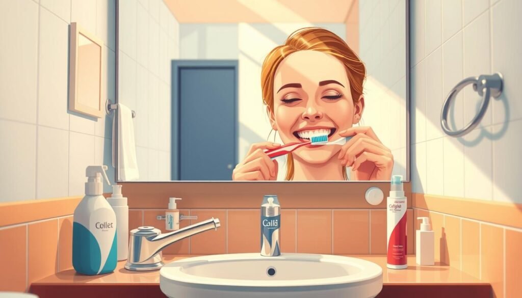 A detailed illustration of oral hygiene tips, featuring a well-lit bathroom setting with a sink, toothbrush, toothpaste, and other dental care products in the foreground. In the middle ground, a person's face is shown brushing their teeth, with a gentle, serene expression. In the background, a mirror reflects the person's actions, providing a secondary angle. The scene is shot with a wide-angle lens, capturing the full bathroom environment, with warm, natural lighting creating a calming, inviting atmosphere.