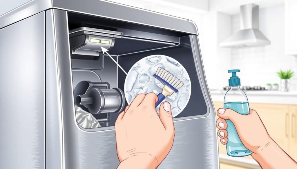 A detailed illustration showcasing troubleshooting steps for cleaning an ice maker. In the foreground, a stainless steel ice maker with its inner components exposed, highlighting the various areas that may require attention during the cleaning process. In the middle ground, hands using cleaning tools such as a toothbrush, a small scrub brush, and a cleaning solution to scrub and remove built-up residue. The background depicts a clean, well-lit kitchen environment, emphasizing the importance of a thorough and hygienic approach to maintaining the ice maker. The overall scene conveys a sense of practical guidance and problem-solving, reflecting the subject of the article's section on troubleshooting common issues during ice maker cleaning.