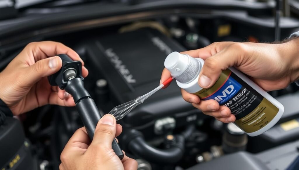 A detailed step-by-step process of cleaning a mass air flow (MAF) sensor. In the foreground, a technician's hands carefully dismounting the sensor from a car's engine. The middle ground shows the sensor being cleaned with a specialized MAF sensor cleaner spray, the liquid gently wiping away any dirt or debris. In the background, the engine bay of the car is visible, with various components and the engine block providing context. The lighting is bright and even, capturing the intricate details of the process. The overall mood is one of precision and care, as the technician methodically restores the sensor to its optimal performance.