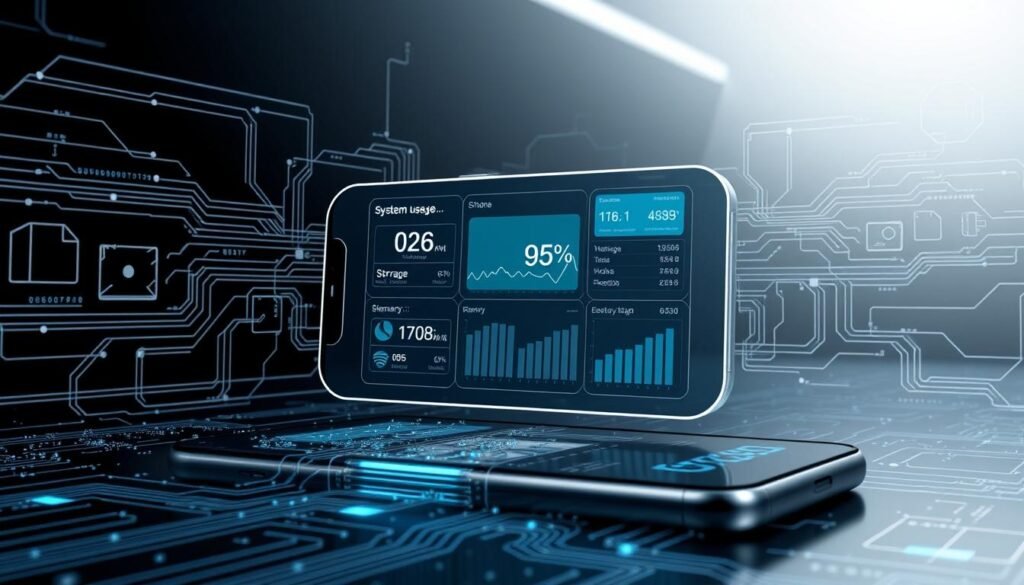 A detailed, technical illustration of various system data elements on a sleek, futuristic iPhone interface. In the foreground, an intricate network of data streams and dynamic visualizations, conveying the complexity of the device's internal processes. In the middle ground, a transparent display panel showcasing storage usage, memory allocation, and other key system metrics. The background features a minimalist, monochromatic environment with subtle ambient lighting, highlighting the precision and sophistication of the iPhone's engineering. The overall scene should exude a sense of control, efficiency, and the user's ability to easily manage their device's system data.