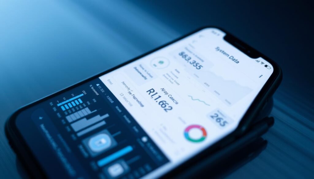 A digital display showcasing a detailed breakdown of system data on an iPhone screen. The foreground features a sleek, minimalist interface with various data visualizations, progress bars, and storage capacity indicators. The middle ground includes dynamic graphs and charts highlighting memory usage, app cache, and other system information. The background presents a subtle gradient or blurred pattern, creating a sense of depth and technological atmosphere. Lighting is soft and evenly distributed, with a cool, modern tone. The overall composition conveys a sense of organization, efficiency, and control over the device's internal workings.