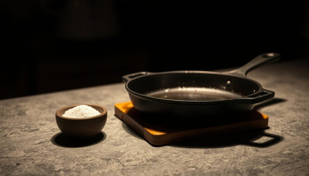 A dimly lit kitchen counter, the surface weathered and seasoned, stands as the focal point. In the foreground, a cast iron pan rests atop a wooden cutting board, its surface glistening with a thin layer of oil. Nearby, a small bowl of coarse salt sits, ready to be used for the seasoning process. The background subtly fades into shadows, creating a moody, atmospheric setting that evokes the thoughtful, hands-on nature of maintaining cast iron cookware. The lighting is soft and warm, casting gentle shadows and highlights that accentuate the rich, textured appearance of the cast iron. The overall composition conveys a sense of care, tradition, and the appreciation for well-worn, functional kitchen tools.