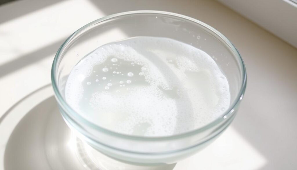 A glass bowl filled with a clear, fizzing cleaning solution made from baking soda and water, resting on a white kitchen counter. The solution bubbles and foams, creating a dynamic visual effect. Soft, natural lighting casts gentle shadows, highlighting the transparency of the liquid and the texture of the counter. The camera angle is slightly low, emphasizing the cleaning power and efficiency of this simple, household solution. The overall mood is one of cleanliness, simplicity, and practicality - perfect for illustrating the "Cleaning with Baking Soda and Water" section of an article about effectively cleaning battery corrosion.