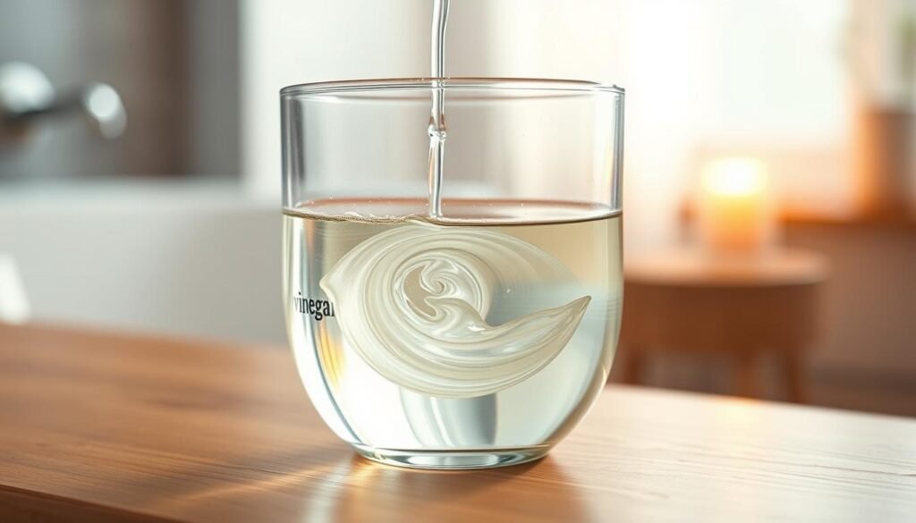 A glass container filled with a clear vinegar solution, its surface reflecting the warm glow of a nearby lamp. The liquid swirls gently, ready to be poured into a jetted tub for a thorough cleaning. The container is placed on a wooden surface, with a soft focus background hinting at a calm, minimalist bathroom setting. The lighting casts subtle shadows, enhancing the depth and three-dimensional quality of the scene. The overall mood is one of simplicity, practicality, and the effectiveness of this natural cleaning solution for maintaining the jets in a Jacuzzi-style bathtub.