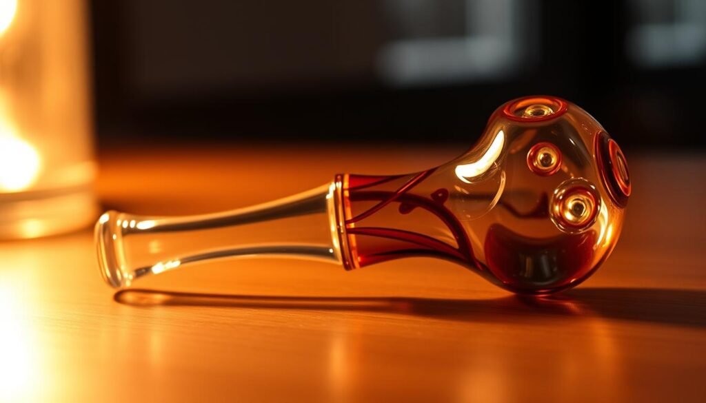 A glass pipe, its surface reflecting the warm glow of a focused light source, resting on a smooth, wooden surface. The pipe's intricate design, with delicate curves and intricate patterns, is showcased in high detail. The lighting creates a sense of depth and dimension, highlighting the transparency of the glass and the interplay of light and shadow. The background is subtly blurred, creating a sense of focus on the pipe itself, emphasizing its centrality within the composition. The overall mood is one of calm and contemplation, inviting the viewer to appreciate the craftsmanship and beauty of the glass pipe.
