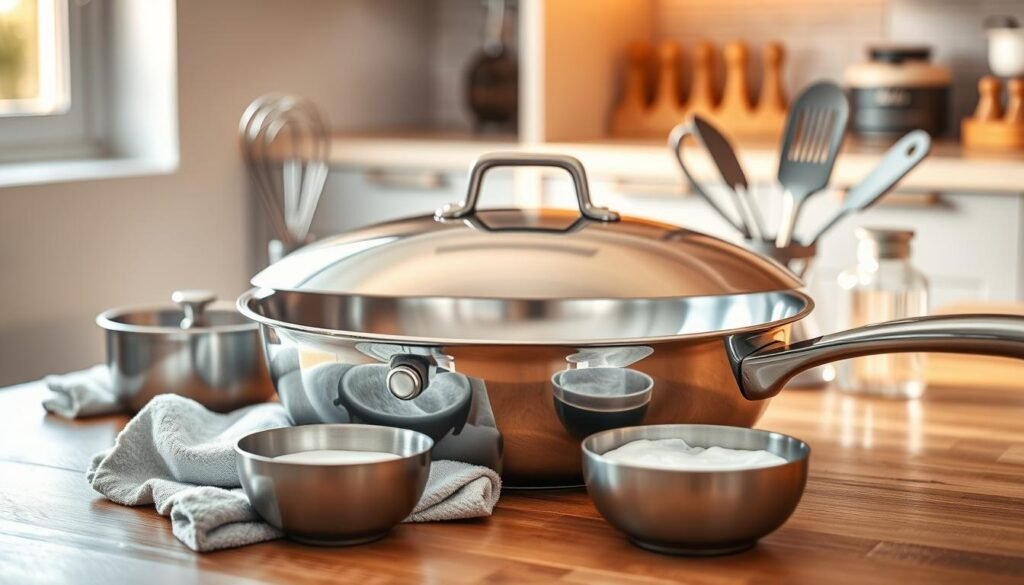 A gleaming stainless steel pan sits atop a wooden kitchen counter, surrounded by a variety of cooking utensils and cleaning supplies. The pan is polished to a mirror-like sheen, reflecting the warm, natural lighting that cascades through the nearby window. In the foreground, a soft cloth and a small bowl of stainless steel polish wait to be used, hinting at the care and attention needed to maintain the pan's pristine condition. The middle ground features a set of high-quality cooking tools, including a whisk, a set of tongs, and a spatula, all arranged in an orderly fashion. The background showcases a minimalist, contemporary kitchen interior, with clean lines and a muted color palette that complements the shiny pan and its accompanying accessories.