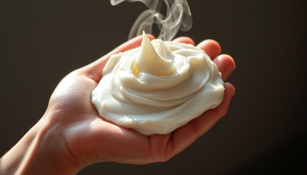 A hand cupping a vibrant white paste, the ingredients of an effective hand-cleaning detergent. The paste shimmers with a subtle sheen, its texture akin to a rich, whipped cream. Delicate wisps of steam rise from the hand, suggesting the warmth and cleansing power of the solution. Crisp, directional lighting casts dramatic shadows, highlighting the intricate folds and curves of the hand. The background is blurred, keeping the focus squarely on the captivating hand-cleaning paste. This image conveys the ease and effectiveness of this stain-lifting method, perfectly complementing the article's informative section on restoring the luster of Converse shoes.