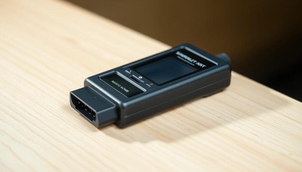 A high-quality OBD-II diagnostic scanner resting on a light-colored wooden surface. The scanner has a sleek, modern design with a digital display and various buttons and ports. It is positioned at a slight angle, casting soft shadows on the surface below. The background is blurred, creating a sense of depth and focus on the device. The lighting is soft and diffused, highlighting the scanner's details and creating a clean, professional atmosphere. The overall composition conveys the tool's utility and importance in diagnosing and resetting a vehicle's check engine light. A high-quality OBD-II diagnostic scanner resting on a light-colored wooden surface. The scanner has a sleek, modern design with a digital display and various buttons and ports. It is positioned at a slight angle, casting soft shadows on the surface below. The background is blurred, creating a sense of depth and focus on the device. The lighting is soft and diffused, highlighting the scanner's details and creating a clean, professional atmosphere. The overall composition conveys the tool's utility and importance in diagnosing and resetting a vehicle's check engine light.