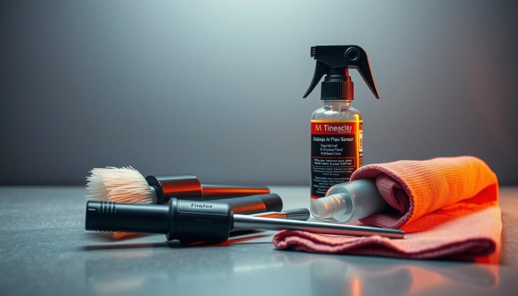 A high-quality assortment of specialized tools for cleaning a mass air flow sensor, including a soft-bristle brush, electronic contact cleaner, and a microfiber cloth, neatly arranged on a clean, well-lit workbench. The tools are showcased against a neutral gray background, highlighting their purpose and functionality. The lighting is warm and directional, creating subtle shadows that emphasize the textures and contours of the various implements. The overall composition conveys a sense of professionalism, attention to detail, and the importance of proper maintenance for optimal engine performance.