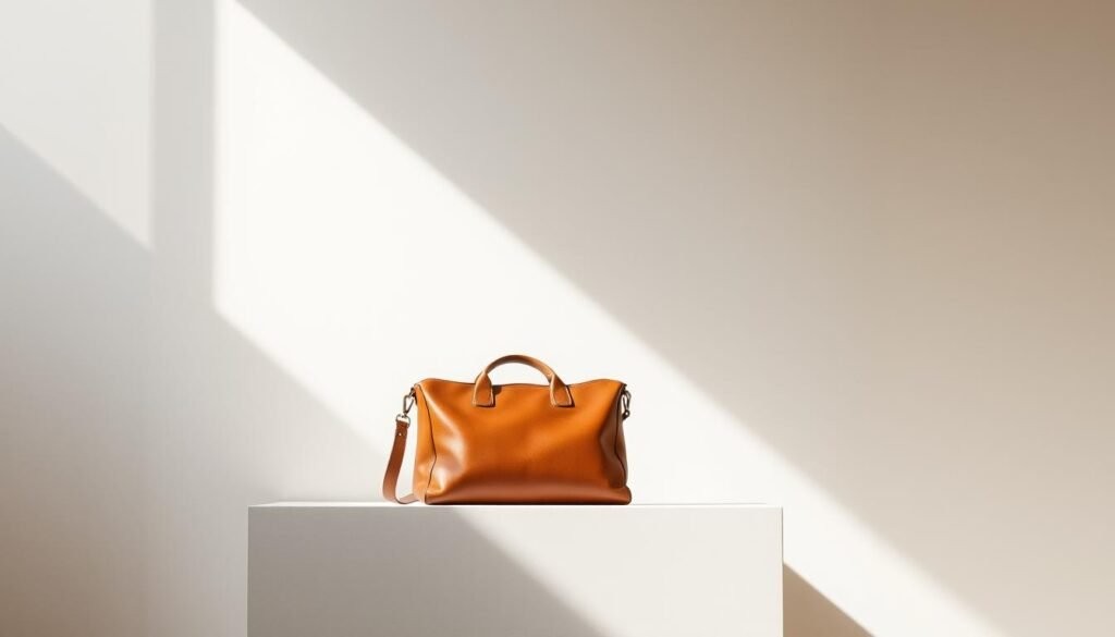 A high-quality leather bag, meticulously crafted with supple full-grain leather, sits atop a clean, minimalist surface. The bag's rich caramel tone is accentuated by soft, directional lighting, casting gentle shadows that emphasize its refined texture and elegant silhouette. The camera angle is slightly elevated, allowing the bag to be the central focus, with a clean, uncluttered background that maintains a sense of simplicity and sophistication. The overall mood is one of refined elegance, showcasing the timeless appeal and quality craftsmanship of the leather bag.