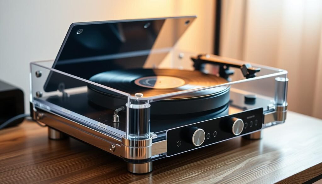 A high-quality record washer with a clear acrylic housing, chrome metal accents, and a sleek, modern design. The device is positioned on a wooden surface, with a record placed on the turntable. Soft, diffused lighting from above illuminates the scene, creating a warm, inviting atmosphere. The record washer's controls are clearly visible, allowing the user to adjust the cleaning settings with precision. The overall composition emphasizes the attention to detail and the care taken to maintain and preserve the integrity of vinyl records.