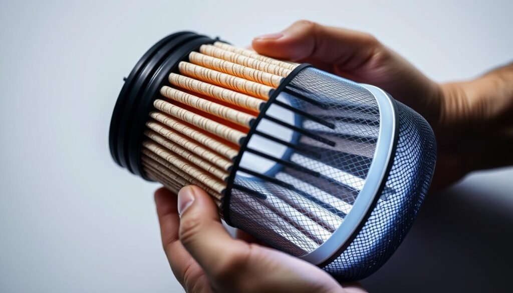 A high-resolution close-up photograph of a K&N air filter element held in a person's hands, illuminated by soft, directional lighting that highlights the intricate pleated paper media and sturdy metal mesh structure. The filter is partially disassembled, with the top cover removed to reveal the inner workings. The focus is sharp, capturing the fine details of the filter's construction and the slight wear and grime accumulated from use. The background is a clean, neutral surface, allowing the filter to stand out as the central subject. The image conveys a sense of careful inspection and maintenance, with a technical, educational tone appropriate for the article's "Step-by-Step Guide to Cleaning Your K&N Air Filter" section.