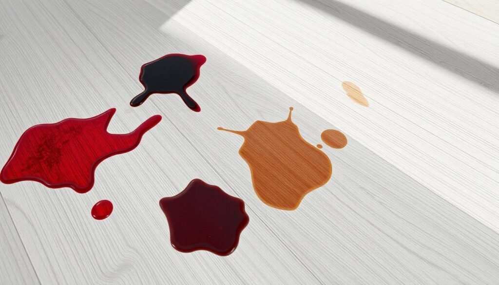 A high-traffic area of a luxury vinyl plank (LVP) flooring, featuring a variety of spills and stains. In the foreground, a red wine stain has seeped into the grooves, while a coffee spill has dried into a dark brown splotch. In the middle ground, a scuff mark from heavy foot traffic is visible, and a small grease stain from a cooking mishap is noticeable. The background showcases a slight discoloration from accumulated dirt and grime in a high-usage zone. The lighting is natural, casting soft shadows that accentuate the texture and wear of the flooring. The overall scene conveys the need for a thorough cleaning regimen to maintain the LVP's pristine appearance.