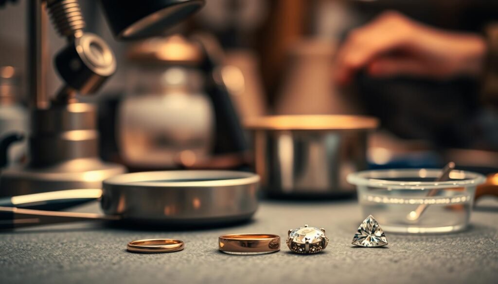 A jeweler's workbench, meticulously organized with an array of tools - magnifying lenses, pliers, and a small ultrasonic cleaning tank. Soft, diffused lighting illuminates the scene, casting a warm glow on the precious metals being gently polished and buffed. In the foreground, delicate pieces of jewelry - a gold ring, a silver pendant, and a sparkling gemstone - are being carefully cleaned, their surfaces gleaming with renewed luster. The background is blurred, focusing the viewer's attention on the intricate process of restoring the natural beauty of these cherished items.
