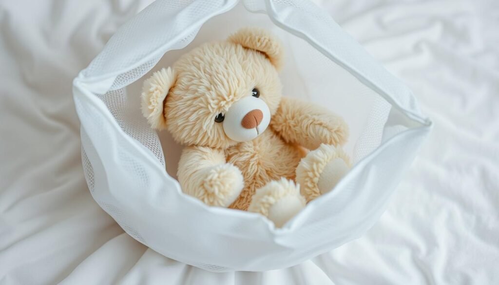 A machine-washable stuffed animal gently nestled inside a delicate laundry bag, resting on a soft, white background. The plush toy, with its fuzzy exterior and endearing features, appears ready to be revived through a gentle wash cycle. Soft, diffused lighting illuminates the scene, casting a warm, comforting glow. The laundry bag, made of a lightweight, mesh-like material, allows for efficient cleaning while protecting the beloved stuffed friend. The overall composition conveys a sense of care and attention to detail, reflecting the importance of properly cleaning machine-washable stuffed animals.