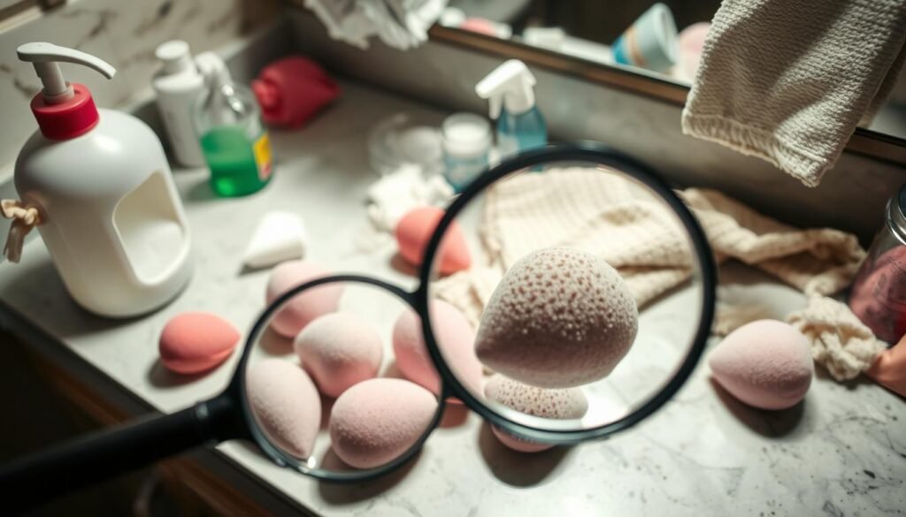 A messy bathroom countertop with various cleaning supplies in disarray. Dirty makeup sponges, a half-empty bottle of soap, and a crumpled towel scattered across the surface. Harsh overhead lighting casts shadows, creating an unkempt, chaotic atmosphere. In the foreground, a magnifying glass hovers, drawing attention to the neglected sponges, highlighting the common mistakes made when cleaning these essential beauty tools.