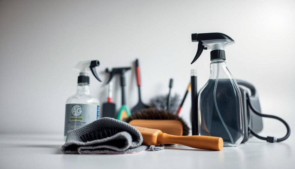 A meticulously arranged collection of car cleaning tools, set against a clean, minimalist background. In the foreground, a high-quality microfiber cloth, a specialized brush, and a spray bottle filled with a gentle cleaning solution are neatly displayed. In the middle ground, an array of detailing tools, including a long-handled duster and a small vacuum cleaner, are positioned for easy access. The background features a softly lit, neutral-toned setting, creating a sense of order and professionalism. The overall composition conveys the essential, well-curated nature of the tools required for maintaining pristine car seats.